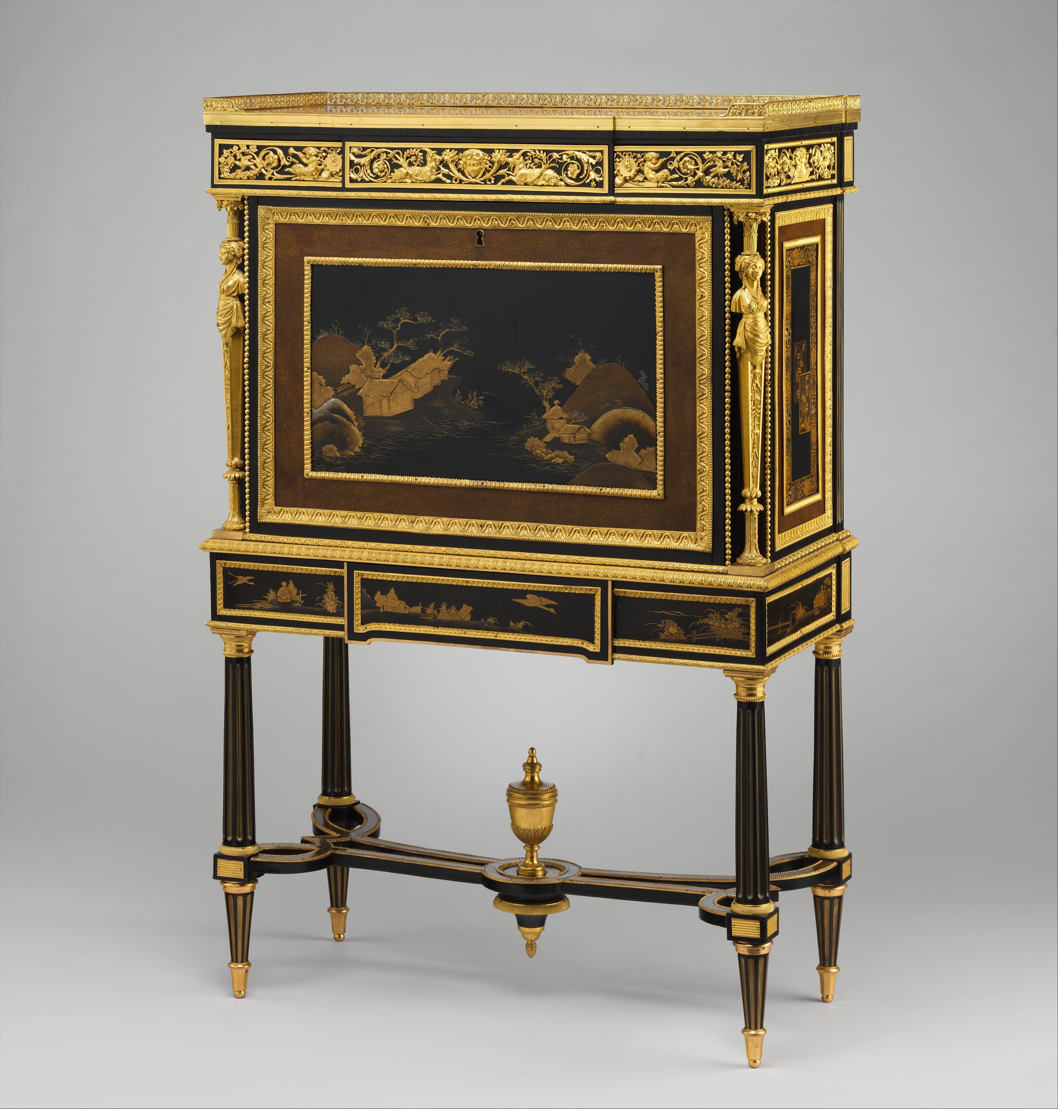 Adam Weisweiler — Drop-front secretary on stand (secrètaire à abattant or secrétaire en cabinet) (one of a pair) (part of a set)